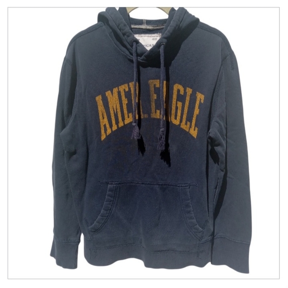 American Eagle Men's Navy Blue Hoodie Yellow Lettering Size Small Spell Out - Picture 1 of 8